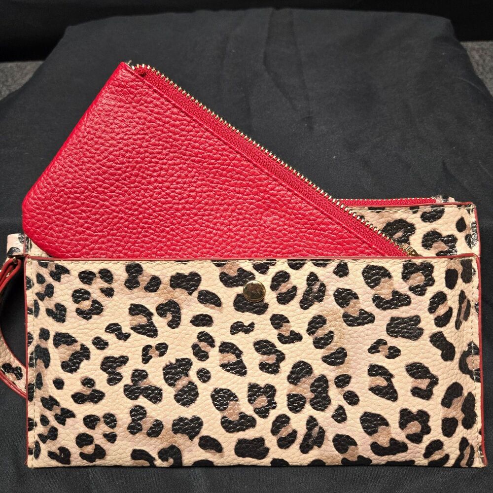 Chicos Leopard Print Wristlet Wallet Set Faux Leather Red Trim Two Piece Clutch